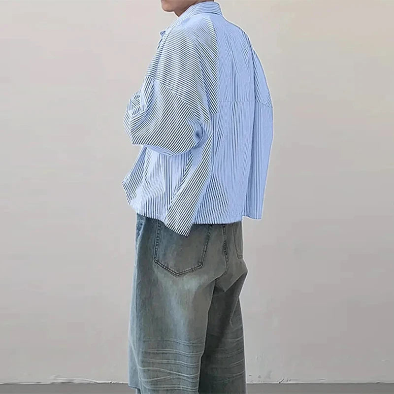 Riolio  New Japanese Trendy Men Shirts Light Luxury Textured Lapel Striped Long Sleeve Cardigan Tops Leisure Premium Loose Blouse M-2XL