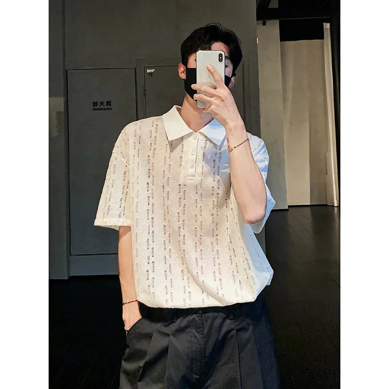 Riolio Mens Summer Short Sleeve Loose Fit Casual polo men Trendy Hollow Out Design Streetwear Fashion Top New Stylish Mesh Tee POLO