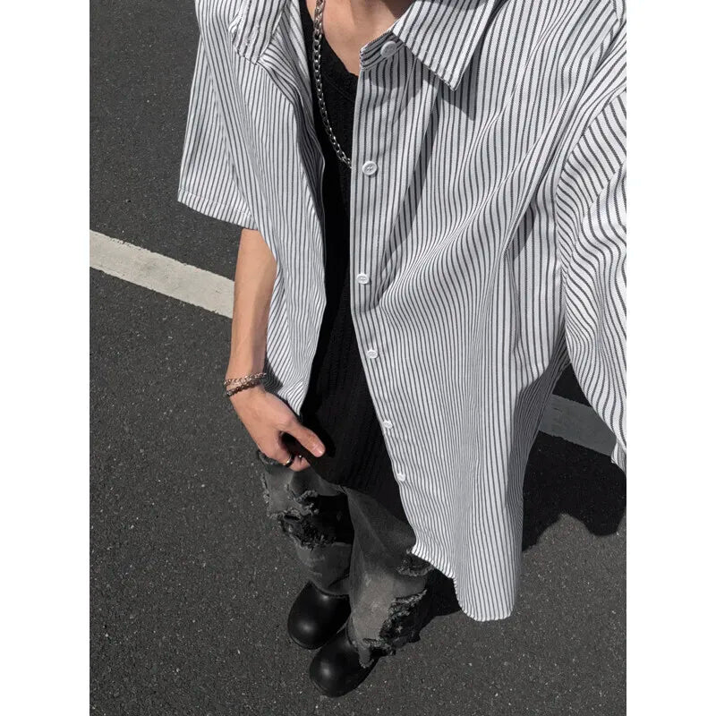 Riolio Summer Short Sleeved Shirt Men Black Blue Casual Shirt Men Streetwear Korean Loose Striped Shirt Mens Formal Dress Shirts