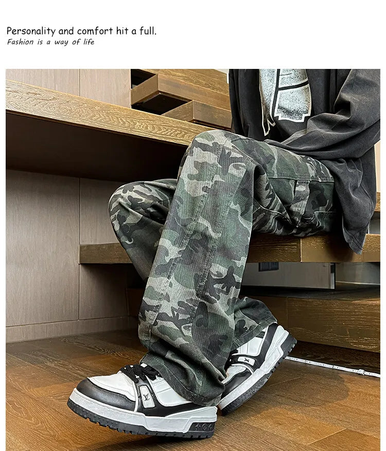 Riolio camouflage Jeans Men straight Pants patchwork male jean Fit Patchwork Streetwear Men's Trousers Denim Large size Hip Hop