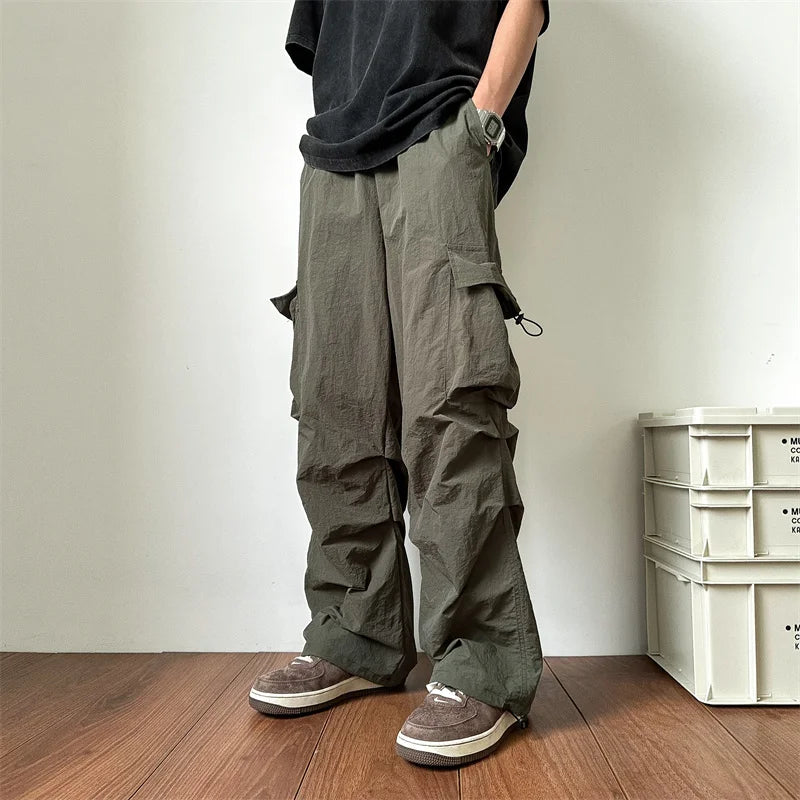 Riolio Summer Thin Casual Pants Men Pocket Cargo Pants Men Japanese Streetwear Hip-hop Loose Straight Pants Mens Vintage Trousers M-3XL