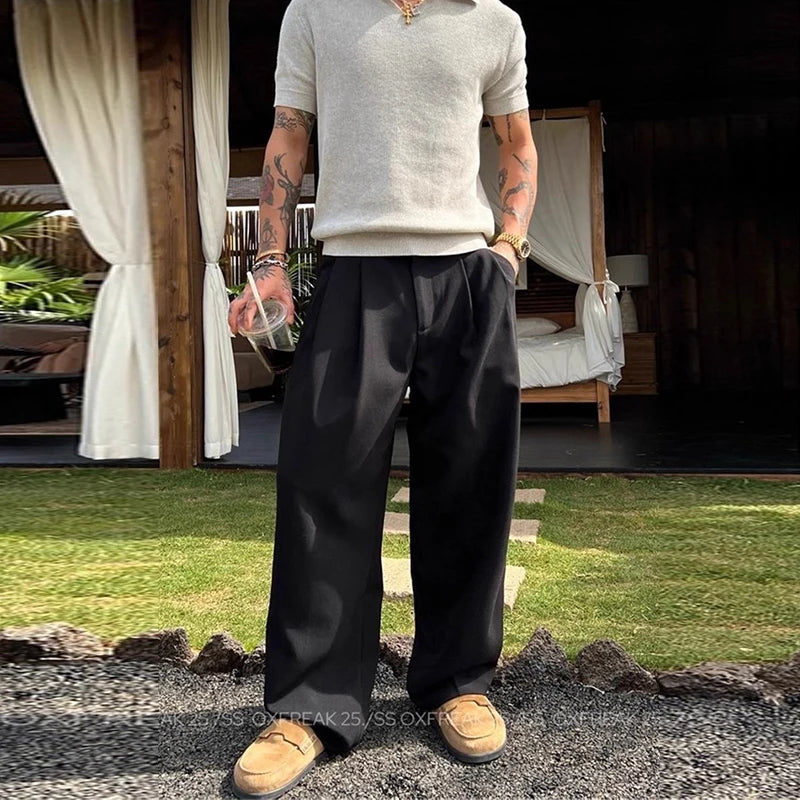 Riolio New Retro Fashion Men Suit Pants Light Luxury Draped Baggy Belt Button-down Solid Color Straight Trousers Elegant Dress Pants