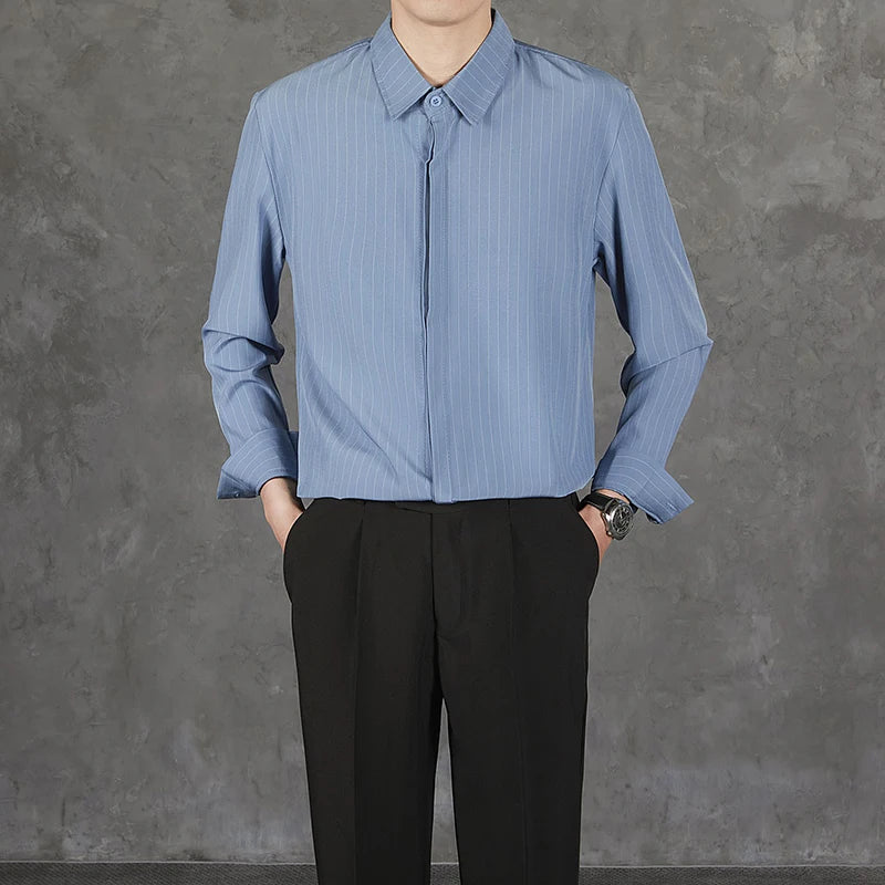 Riolio  New Naples Business Men Shirts Light Luxury Textured Lapel Striped Long Sleeve Cardigan Leisure Premium Commuter Blouse S-4XL