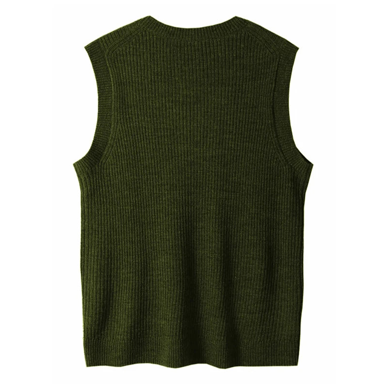 Riolio New Popular Preppy Style Men Sweater Vest Casual Knitted Streetwear Solid Color V Neck Waistcoat Leisure High Quality Knitwear