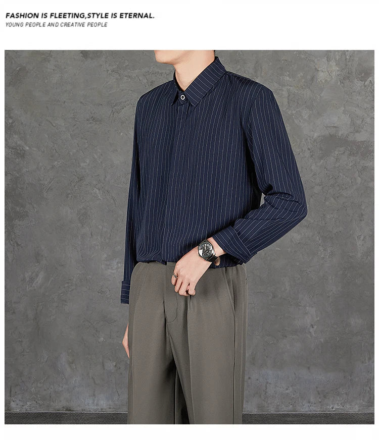 Riolio  New Naples Business Men Shirts Light Luxury Textured Lapel Striped Long Sleeve Cardigan Leisure Premium Commuter Blouse S-4XL