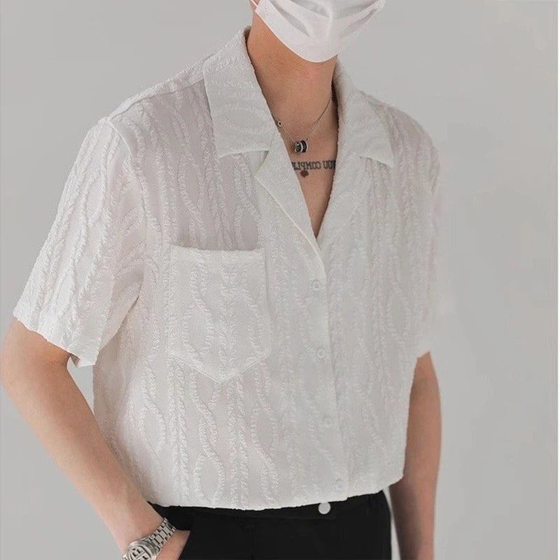 Riolio New Trend Men Cardigan Tops Textured Suit Collar Short Sleeve Shirts Leisure Jacquard Shirts for Man Luxury Style Premium Blouse