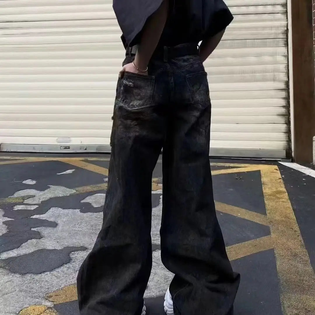 Riolio American high street trendy men and women retro personality straight washed jeans for couples loose Harajuku casual pants y2k