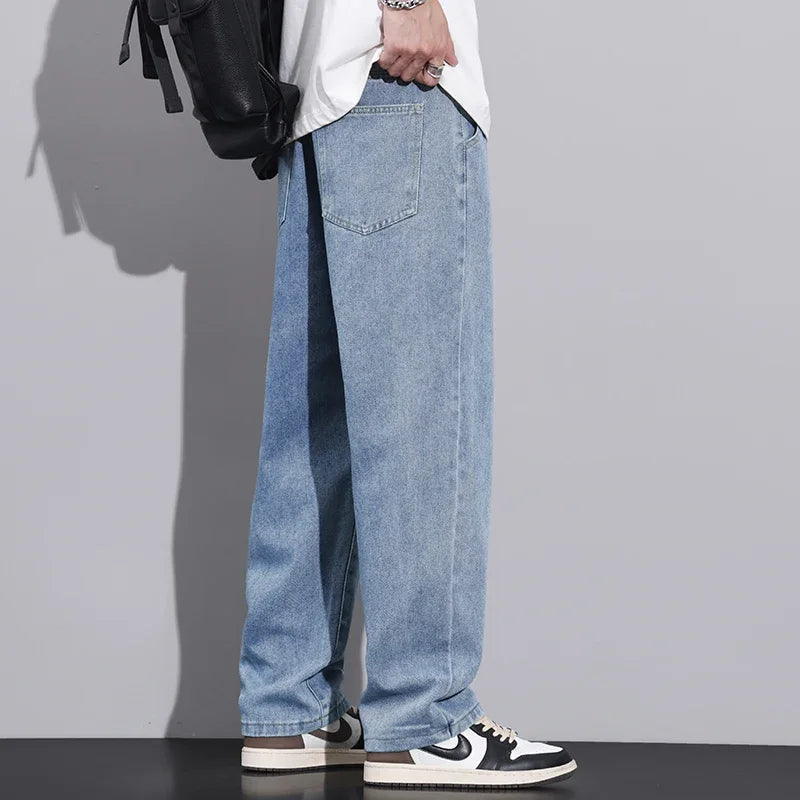 Riolio Men Dark Blue Blue Stretch Elastic Waist Denim Pants Streetwear Loose Full Length Trousers Straight Wide Leg Drawstring Jeans