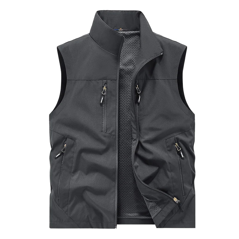 Riolio Summer Vest Jacket Waistcoats Male Breathable Men's Multi-pocket Fishing Photography New Vest Men's Thin Stand-up Collar Vest