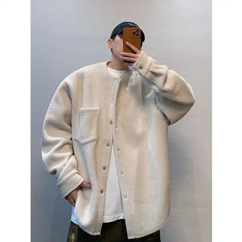 Riolio Hong Kong Style Retro Coat Versatile Solid Color Lamb Fur Plus Velvet Shirt Fashion High-end Autumn Winter Loose Fleece Jacket