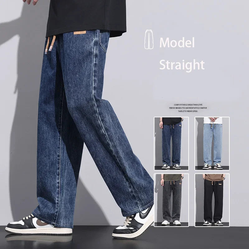 Riolio Men Dark Blue Blue Stretch Elastic Waist Denim Pants Streetwear Loose Full Length Trousers Straight Wide Leg Drawstring Jeans