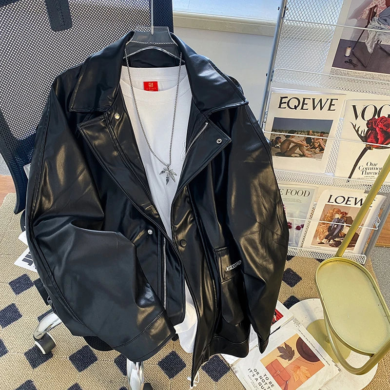 Riolio Black Pu Leather Jacket Men's Spring Autumn New American Retro Handsome Leather Jacket Loose High-end Motorcycle Suit Aesthetic