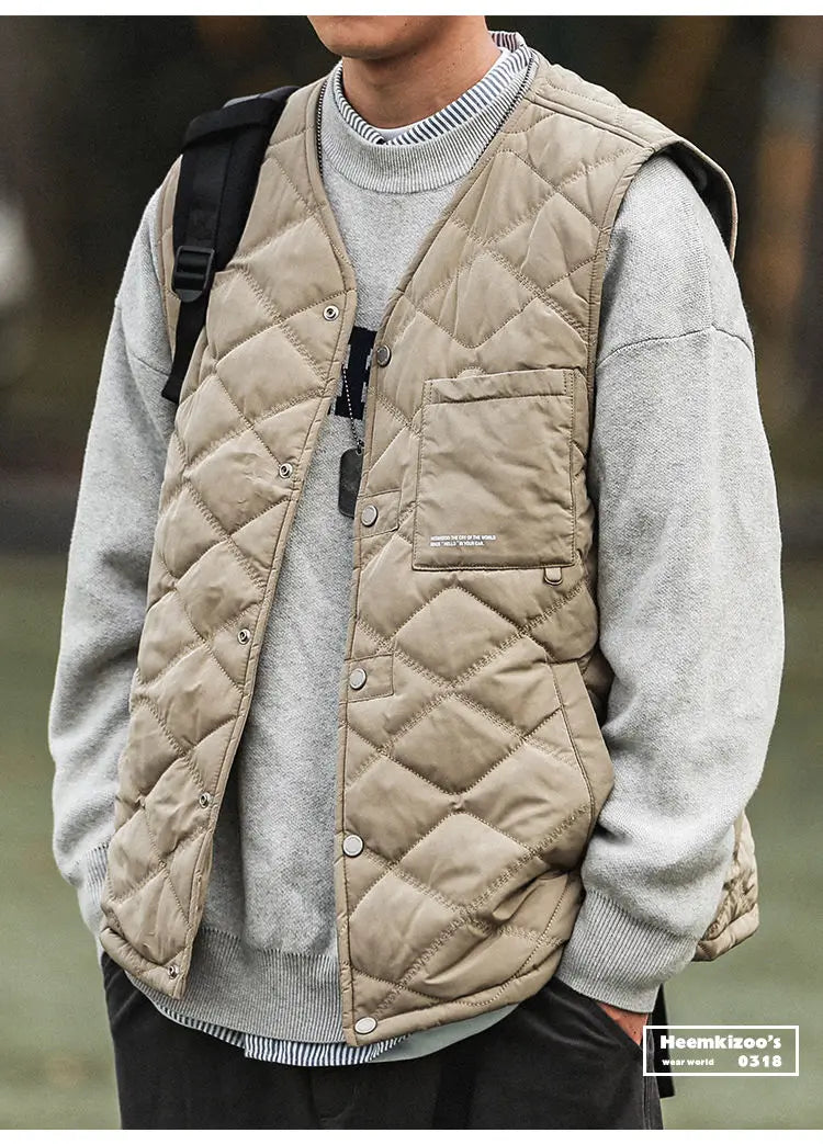 Riolio Cotton-layered Fashionable Vest Men with Autumn Winter Simple Casual Light Heated Inner Vest Cardigan Work Vest Top Aesthetic