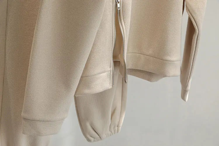 Riolio Korean Casual Sports Suit Large Size Plus Velvet Set Zipper Design Sports Sweatshirt Tying Trousers Casual Simple Two-piece Set