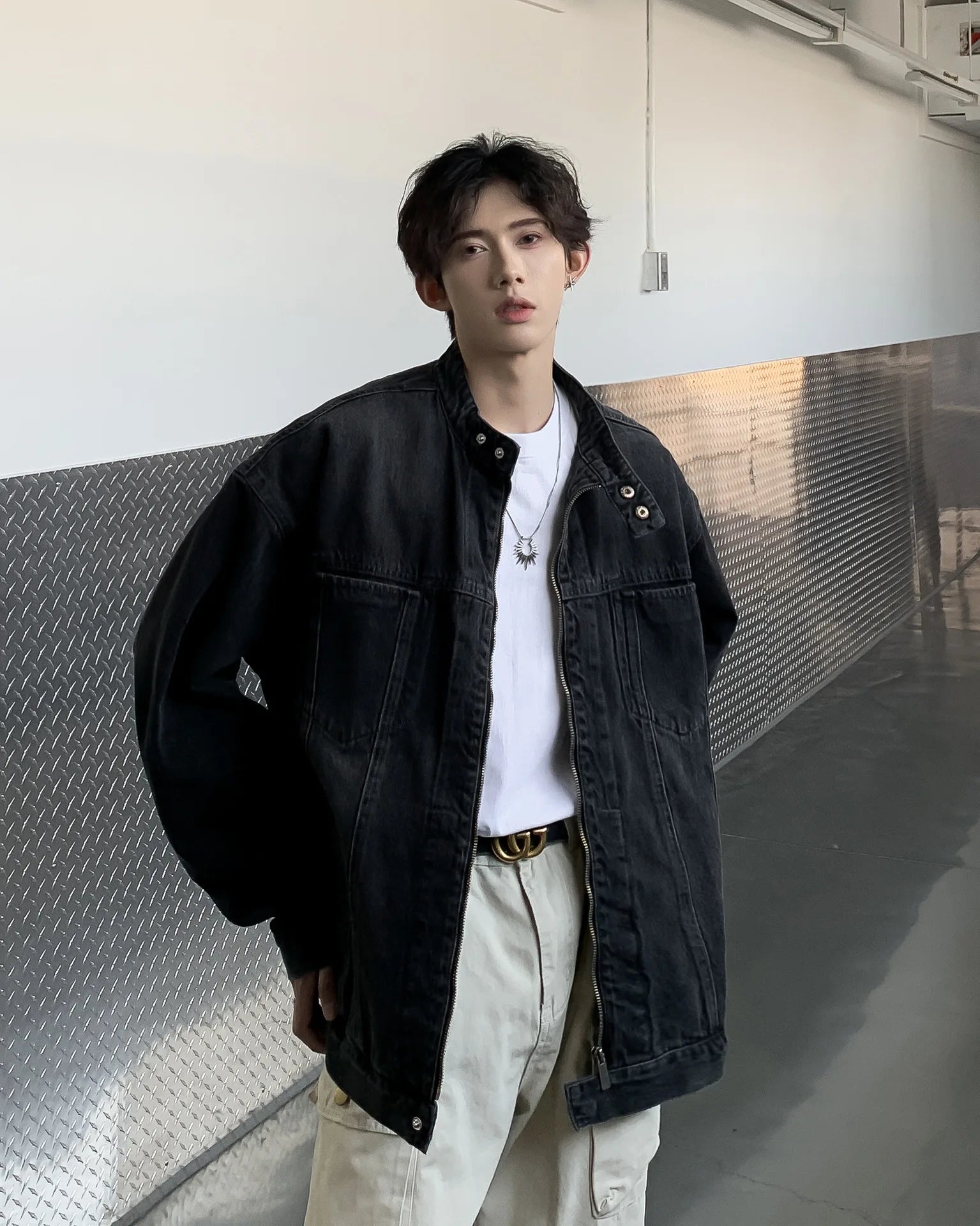 Riolio New High Street Men's Zip-up Denim Jackets Casual Washed Streetwear Stand Collar Texture Korean Harajuku Retro Long Sleeve Coats