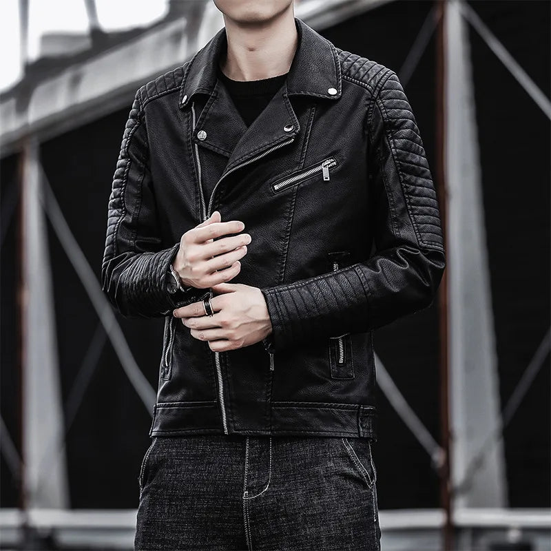 Riolio Leather Jacket Autumn New Flip Collar Slim Fit Casual Style Jackets Men's Motorcycle Outerwear Youth Fashion PU Leather Coat