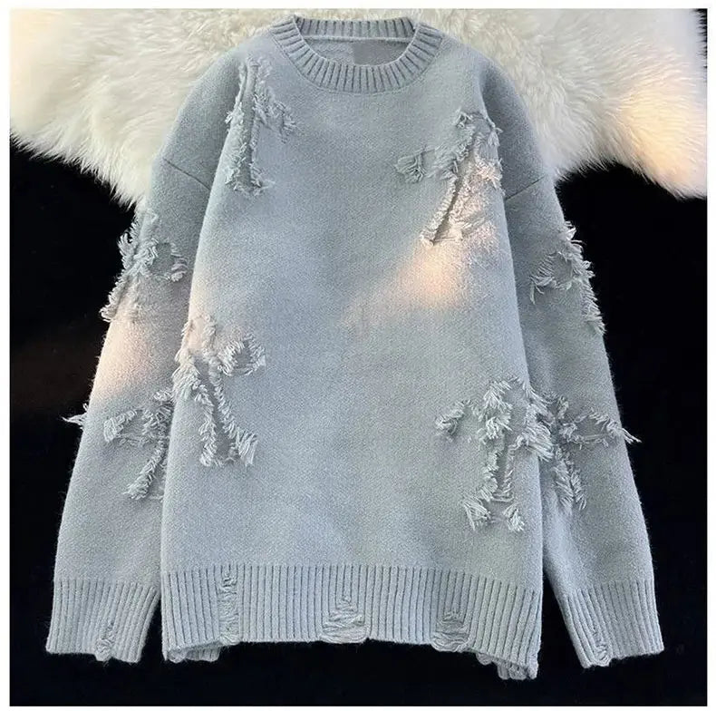 Riolio Y2k Streetwear Sweater Men New Retro Hole Fringed Sweater Loose Versatile Knitwear Pullovers Long Sleeve Jumpers Clothing