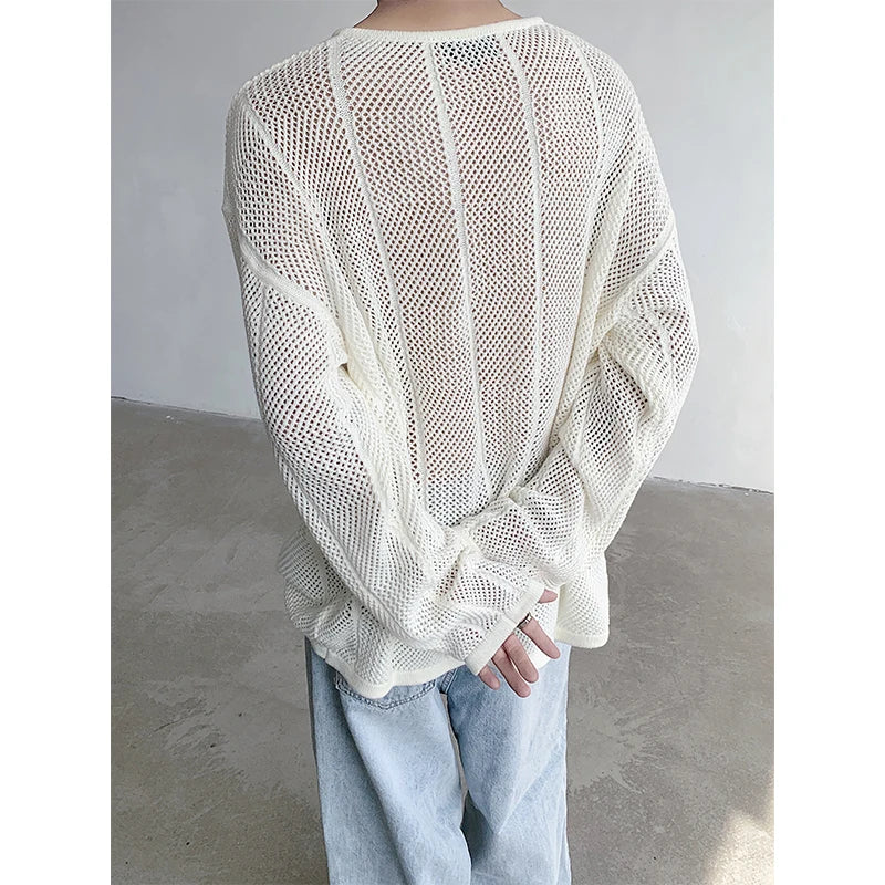 Riolio Rice White Shirts for Men Hollow Out Blouse Men Handsome Fashion Men Clothing Vacation Sexy Mesh Long-sleeved Shirts