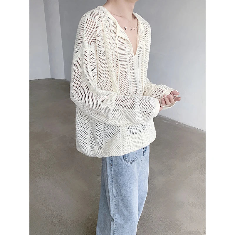 Riolio Rice White Shirts for Men Hollow Out Blouse Men Handsome Fashion Men Clothing Vacation Sexy Mesh Long-sleeved Shirts