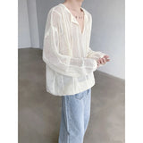 Riolio Rice White Shirts for Men Hollow Out Blouse Men Handsome Fashion Men Clothing Vacation Sexy Mesh Long-sleeved Shirts