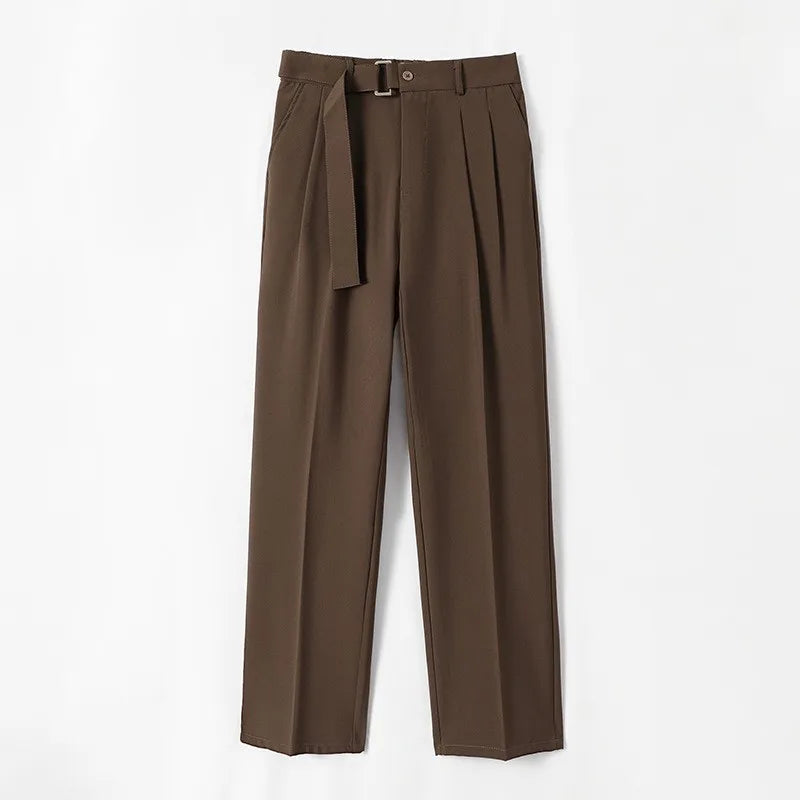 Riolio Men's Clothing Luxury Draped Baggy Belt Suit Pants Leisure Button-down Solid Color Straight Premium Elegant Dress Pants S-3XL