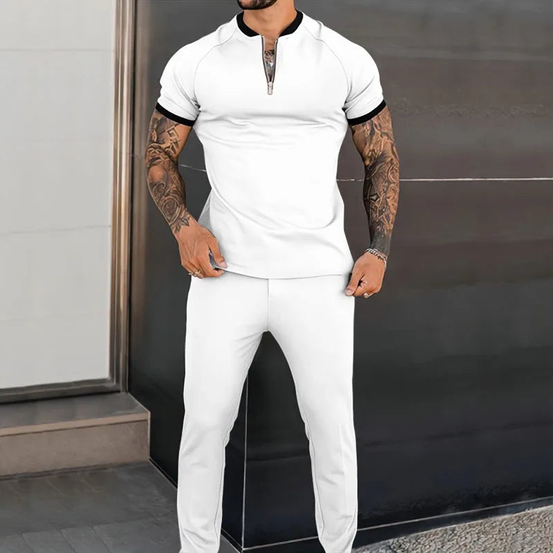 Riolio Summer Popular Men's Short-sleeved Trousers Suit Slim and Trendy Youth Casual Sports Suit