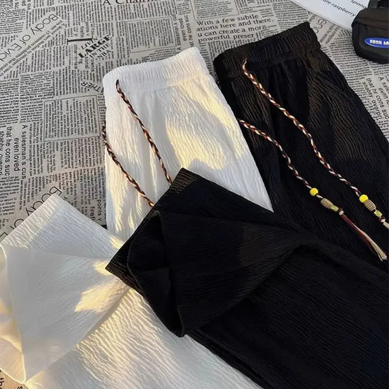 Riolio Ice Silk Casual Pants Men Thin Sport Straight Sweatpants Linen White Loose Fold Ankle-length Walking Trousers Male