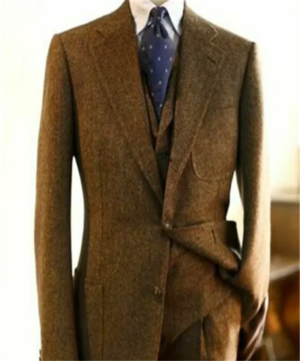 Riolio Regular Brown Mens Suits Slim Fit Herringbone Tweed Wool Blend Check Wedding Tuxedos Classic 3 Pieces Trajes De Hombre Blazer
