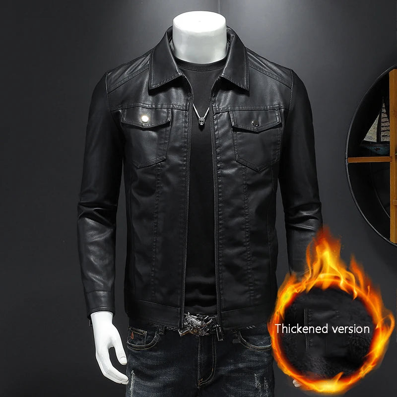 Riolio Men's lapel leather jacket autumn oversized slim motorcycle riding suit winter thickened PU leather waterproof work clothes
