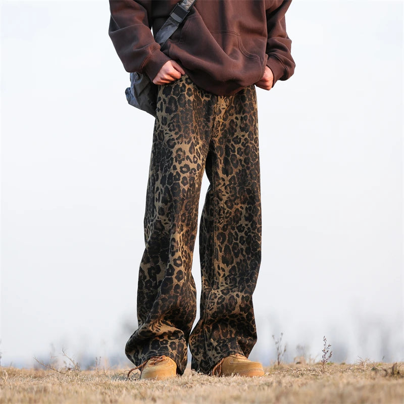 Riolio Leopard Print Jeans Men Fashion Retro Wide Leg Jeans Men Streetwear Hip-hop Loose Straight Jeans Mens Vintage Denim Trousers