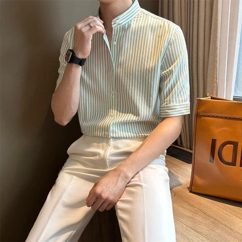 Riolio New Fashion Striped Stand Collar Men Shirts Luxury Casual Textured Half Sleeve Cardigan Tops Summer Business Slim-fit Blouse