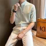 Riolio New Fashion Striped Stand Collar Men Shirts Luxury Casual Textured Half Sleeve Cardigan Tops Summer Business Slim-fit Blouse