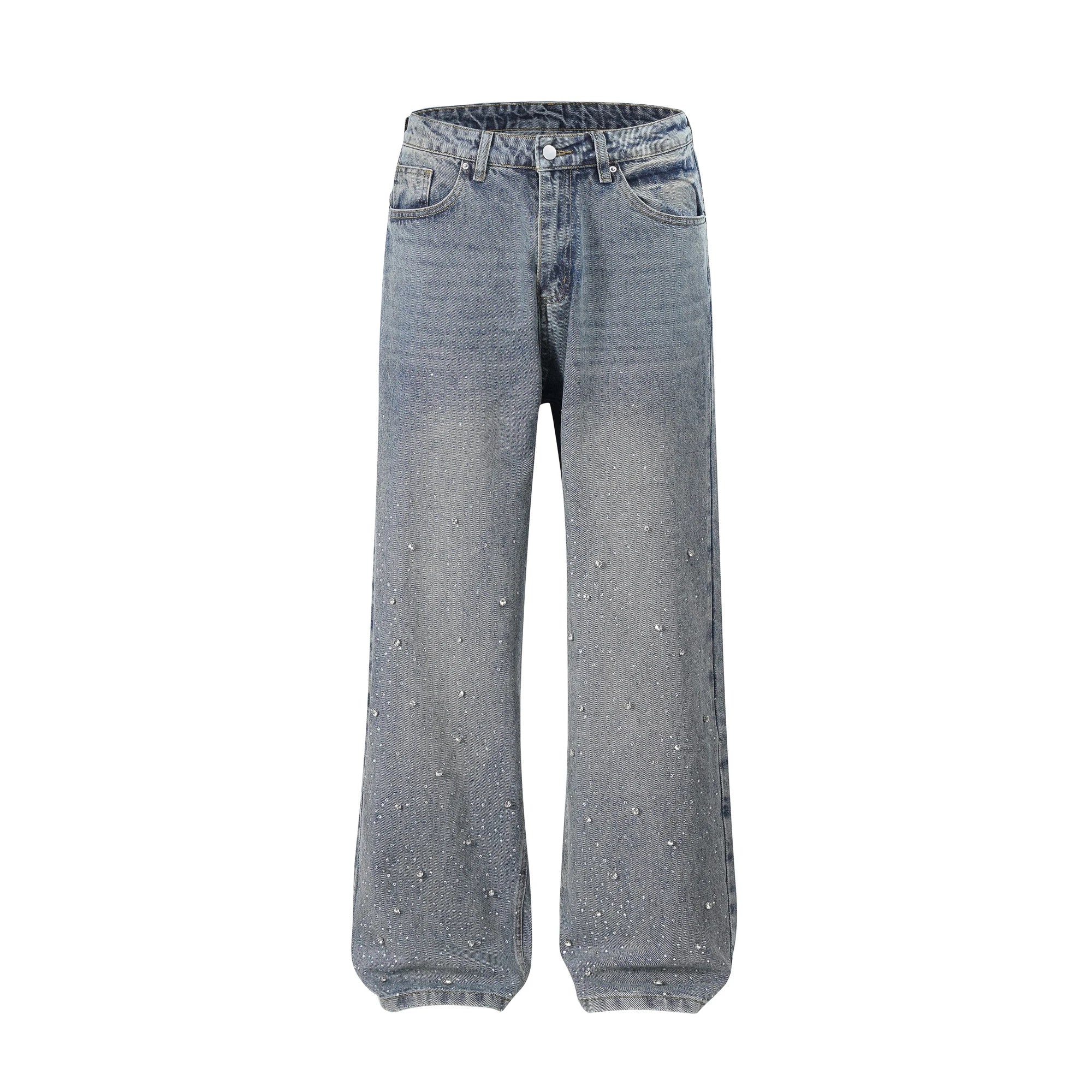 Riolio Full Rhinestone Print Washed Blue Baggy Jeans Mens and Women Ropa Hombre Streetwear Solid Casual Denim Trousers Loose Cargos
