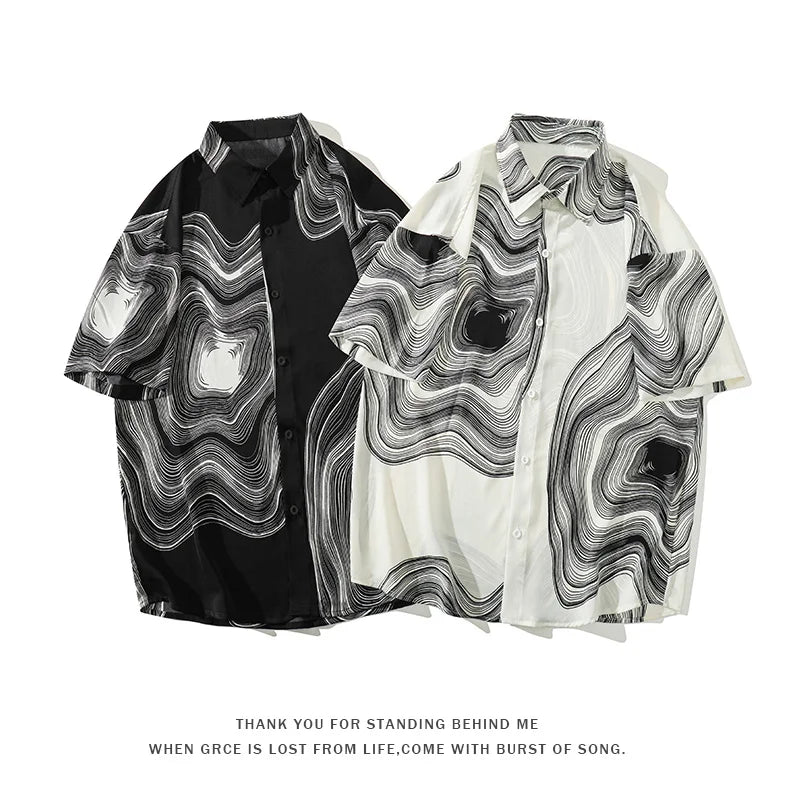 Riolio Summer Short Sleeve Shirt Men Fashion Retro Print Shirt Men Streetwear Loose Black White Ice Silk Shirt Mens Large Sizes M-5XL