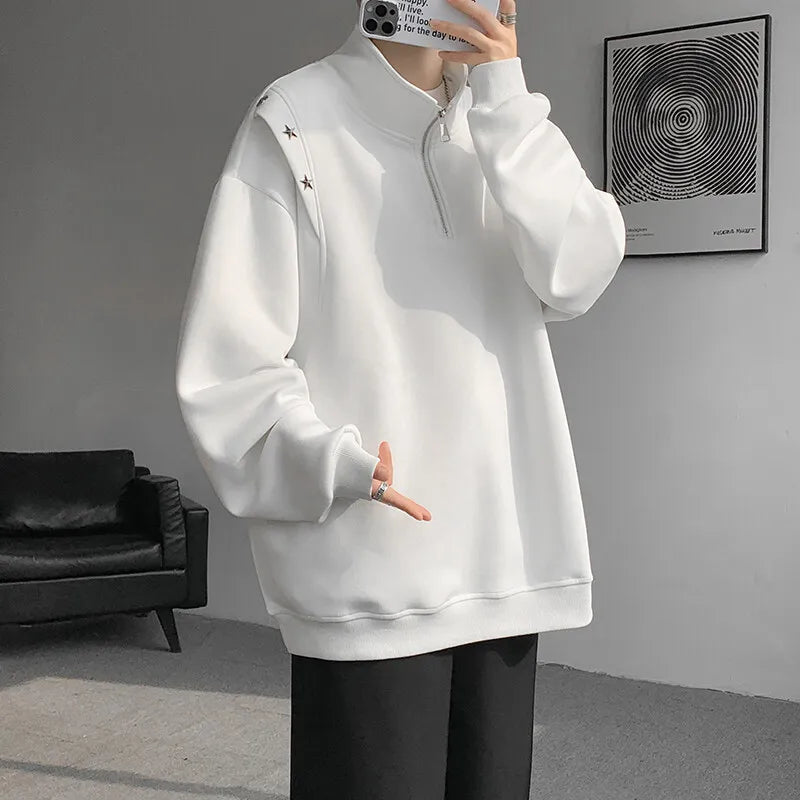 Riolio Men hoodie  Stand Collar Half Zip Sweatshirt Star Shoulder Design New Fashion Casual Streetwear Comfort Athletic Pullover