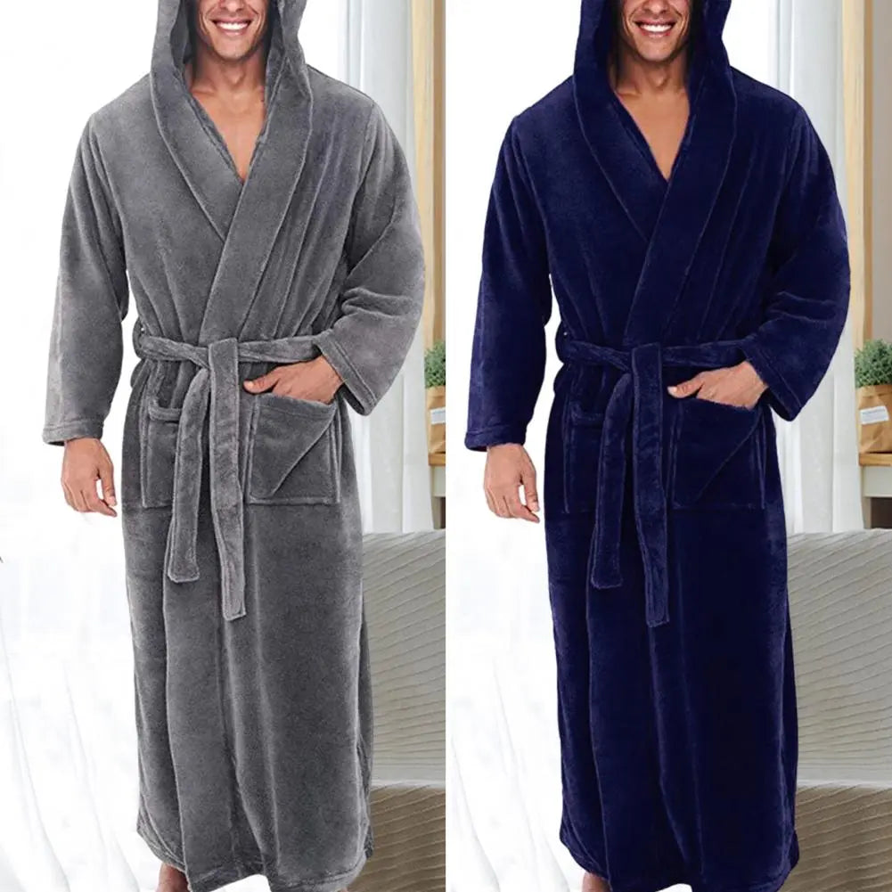 Riolio Long Sleeve Pocket Belt Solid Color Men Bathrobe Winter Warm Hooded Long Fleece Home Gown Sleepwear