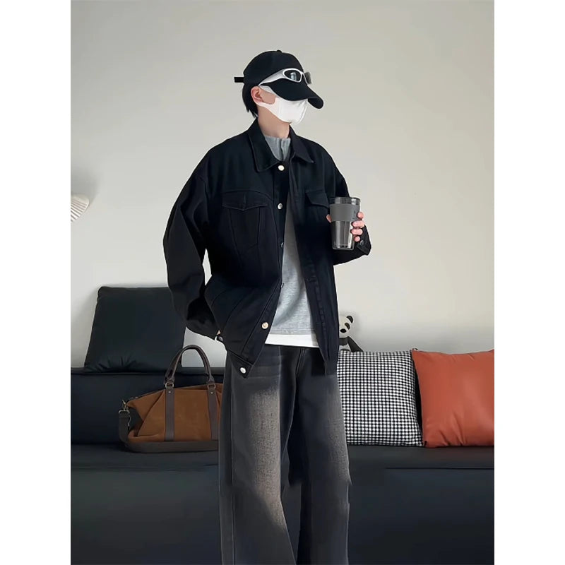 Riolio Spring Black Denim Jacket Men Fashion Retro Pocket Denim Jackets Men Streetwear Hip-hop Loose Bomber Jacket Mens Cowboy Coat