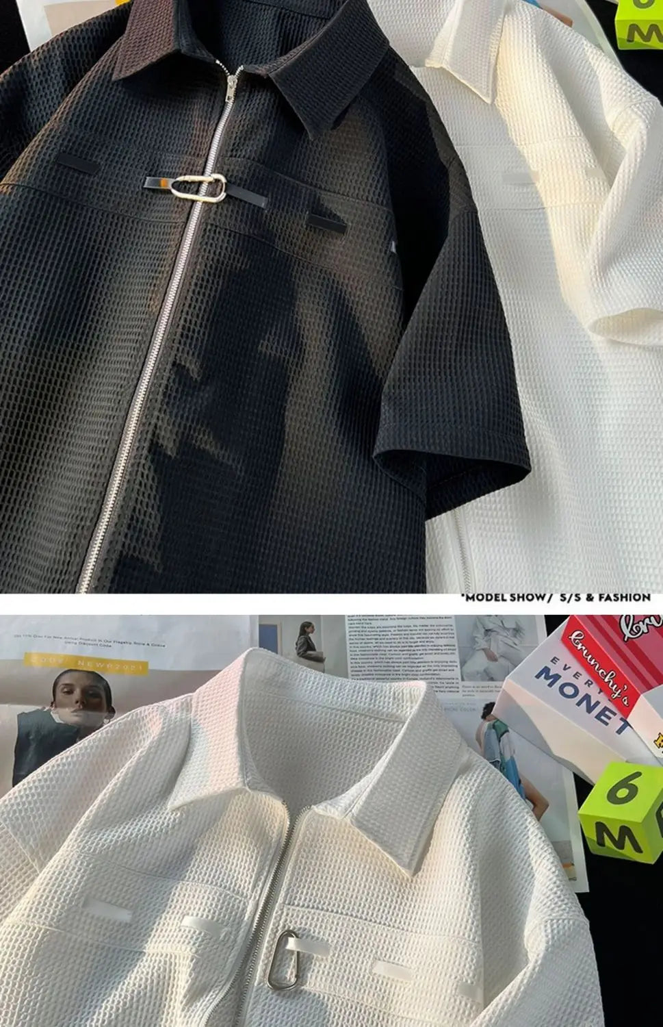 Riolio Niche Design Zipper Shirt Men's Short-sleeved Summer 2025 New Waffle High-end Casual Shirt Hip Hop Unisex Zipper Blouse