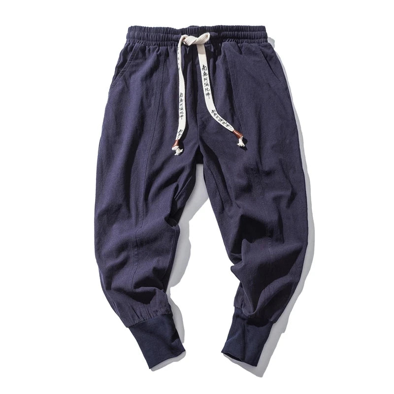 Riolio Cotton Linen Harem Pants Men Solid Elastic Waist Streetwear Joggers New Baggy Drop-crotch Pants Casual Trousers Men