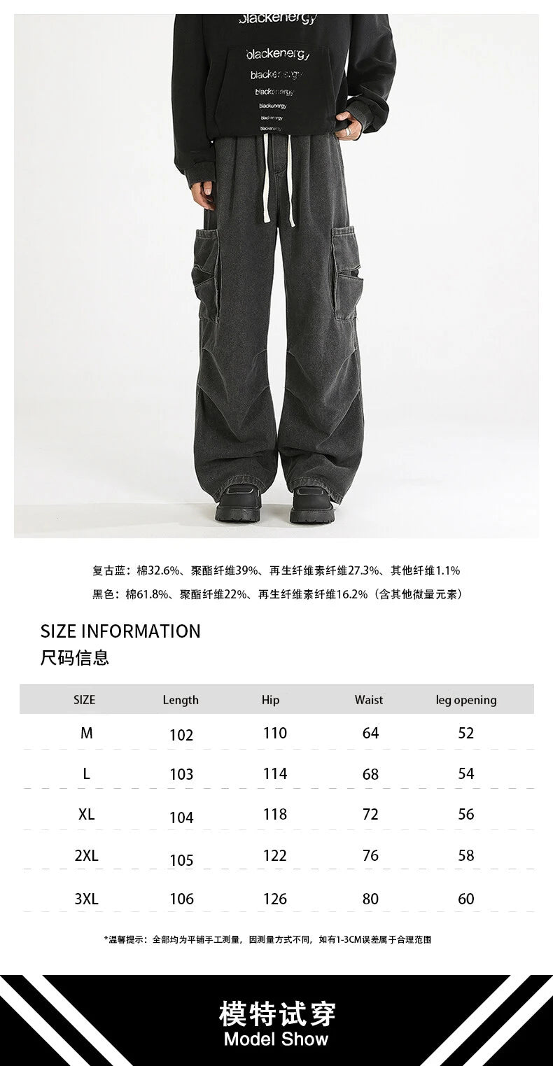 Riolio Loose straight Jeans Men Denim Cargo Pants Wash Solid Color Multi Pockets Casual Mid Waist Trousers Unisex Daily Wear Joggers