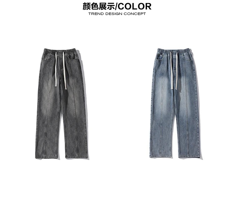 Riolio Jeans men Elastic waist Streetwear Fashion Jeans Black Spring New Men Women Wide Leg Straight Denim Trousers Plus Size 5XL-M