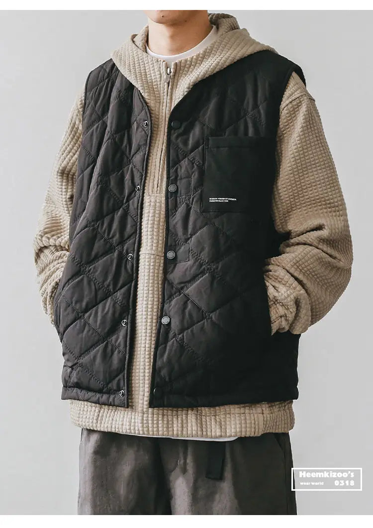 Riolio Cotton-layered Fashionable Vest Men with Autumn Winter Simple Casual Light Heated Inner Vest Cardigan Work Vest Top Aesthetic