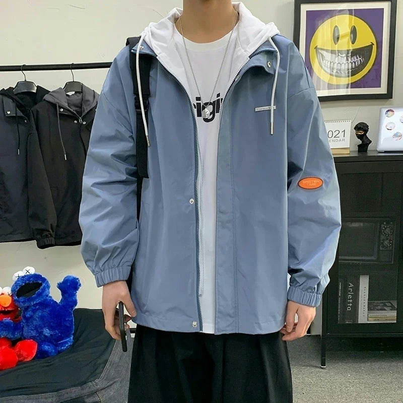 Riolio Hooded Cargo Jackets Men Autumn Fake Two Pieces Zipper Coats College Oversize Baggy Streetwear Ins Baseball Windbreaker Classic