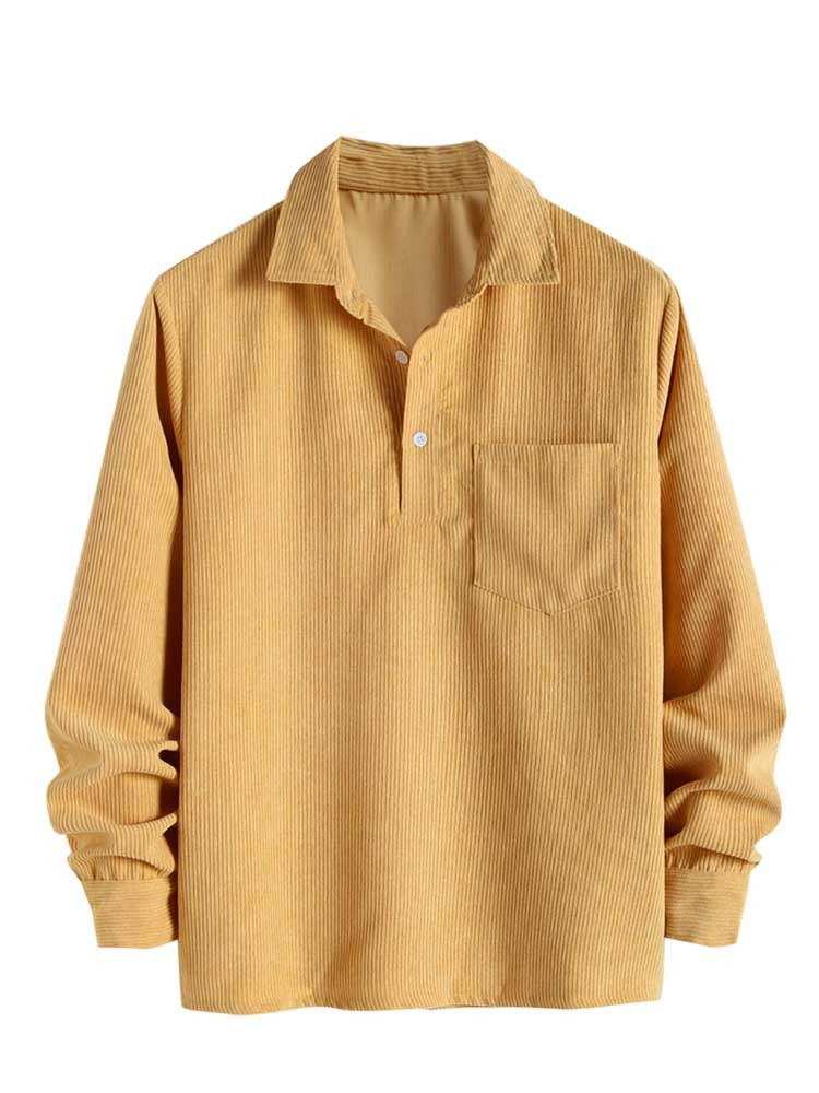 Riolio Shirts for Men Corduroy Long Sleeves Shirt Half Button Solid Blouses Fall Spring Streetwear Overshirts Tops with Pocket