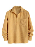Riolio Shirts for Men Corduroy Long Sleeves Shirt Half Button Solid Blouses Fall Spring Streetwear Overshirts Tops with Pocket