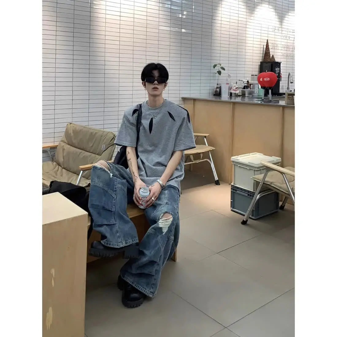 Riolio High Street Hip Hop Men and Women Trendy Personality Straight Tube Destruction Washed Jeans Autumn Loose Retro Casual Pants
