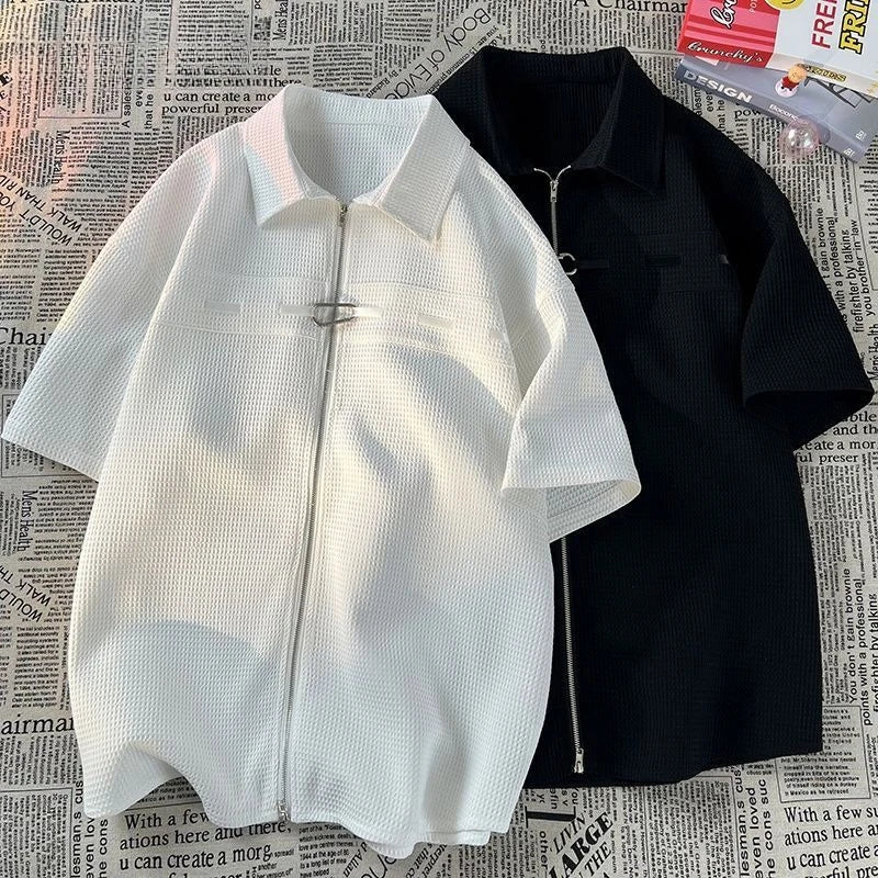Riolio Niche Design Zipper Shirt Men's Short-sleeved Summer 2025 New Waffle High-end Casual Shirt Hip Hop Unisex Zipper Blouse