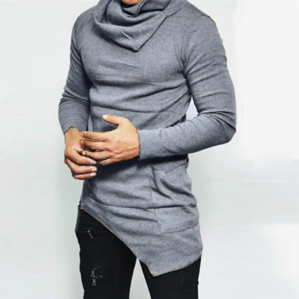 Riolio Hot Sale Fashion Streetwear Turtle neck Street T shirt Men Hip Hop Long Sleeve Asymmetry Thin Designed Men's T-Shirt