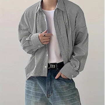Riolio  New Japanese Trendy Men Shirts Light Luxury Textured Lapel Striped Long Sleeve Cardigan Tops Leisure Premium Loose Blouse M-2XL