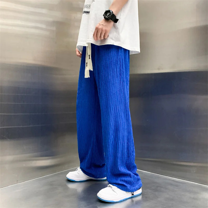 Riolio Summer Casual Pants Men Oversized Wide Leg Pants Men Japanese Streetwear Hip Hop Loose Pleated Pants Mens Ice Silk Trousers 5XL